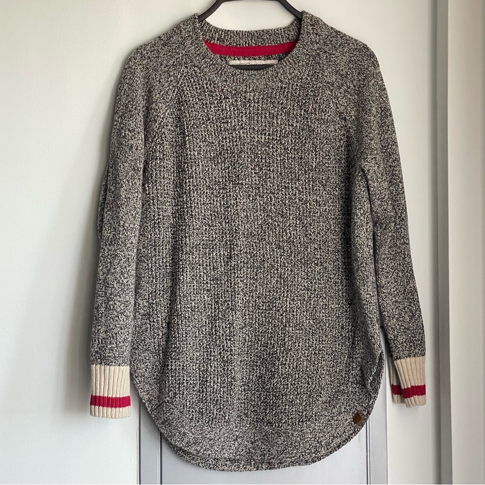 ROOTS Cabin Collection Crewneck Sweater with cream and red stripes cuffs